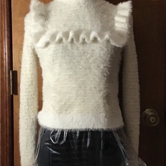 Zara Cream Gold Metallic Fuzzy Ruffled Turtleneck Sweater - Picture 3 of 6